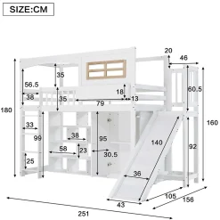 Redom Lit superposé 90x200 cm avec toboggan et armoire intégrée, échelle 4 marches, structure pin et MDF Sale