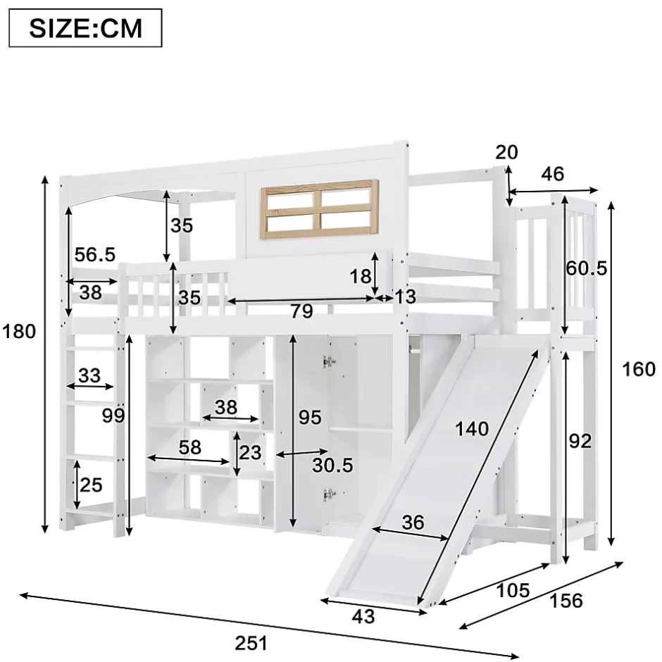 Redom Lit superposé 90x200 cm avec toboggan et armoire intégrée, échelle 4 marches, structure pin et MDF Sale