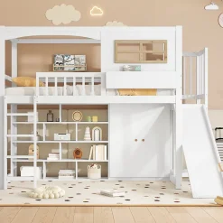 Redom Lit superposé 90x200 cm avec toboggan et armoire intégrée, échelle 4 marches, structure pin et MDF Sale