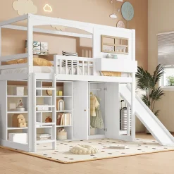 Redom Lit superposé 90x200 cm avec toboggan et armoire intégrée, échelle 4 marches, structure pin et MDF Sale