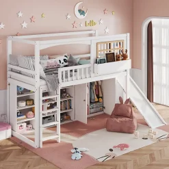 Redom Lit superposé 90x200 cm avec toboggan et armoire intégrée, échelle 4 marches, structure pin et MDF Sale