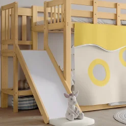 Redom Lit superposé 90x200 cm avec toboggan et escalier intégrés, structure pin et MDF, design naturel pour chambre enfant Hot
