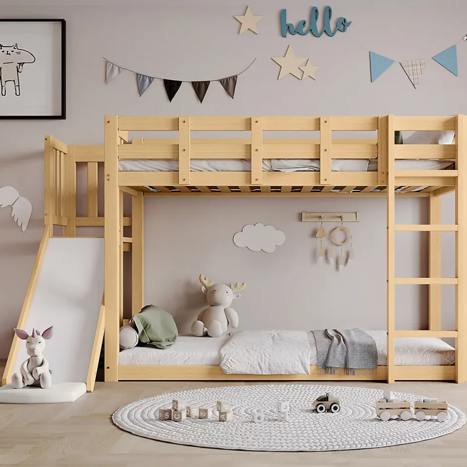 Redom Lit superposé 90x200 cm avec toboggan et escalier intégrés, structure pin et MDF, design naturel pour chambre enfant Hot