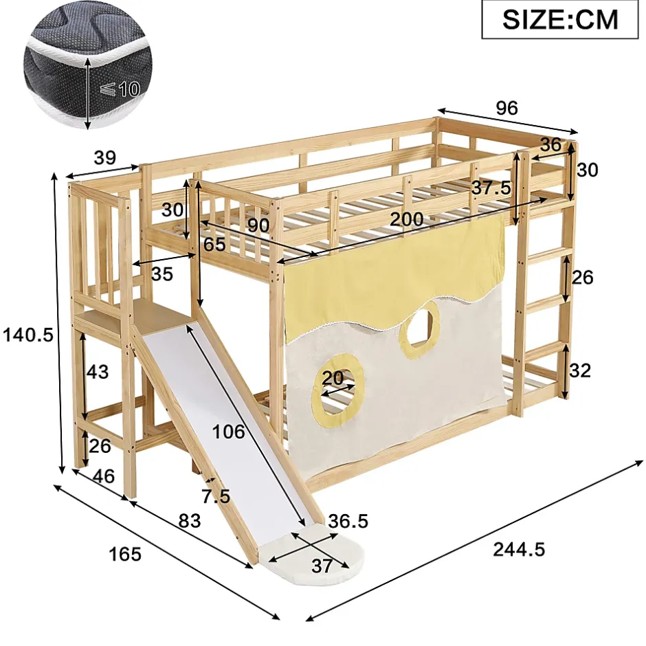 Redom Lit superposé 90x200 cm avec toboggan et escalier intégrés, structure pin et MDF, design naturel pour chambre enfant Hot