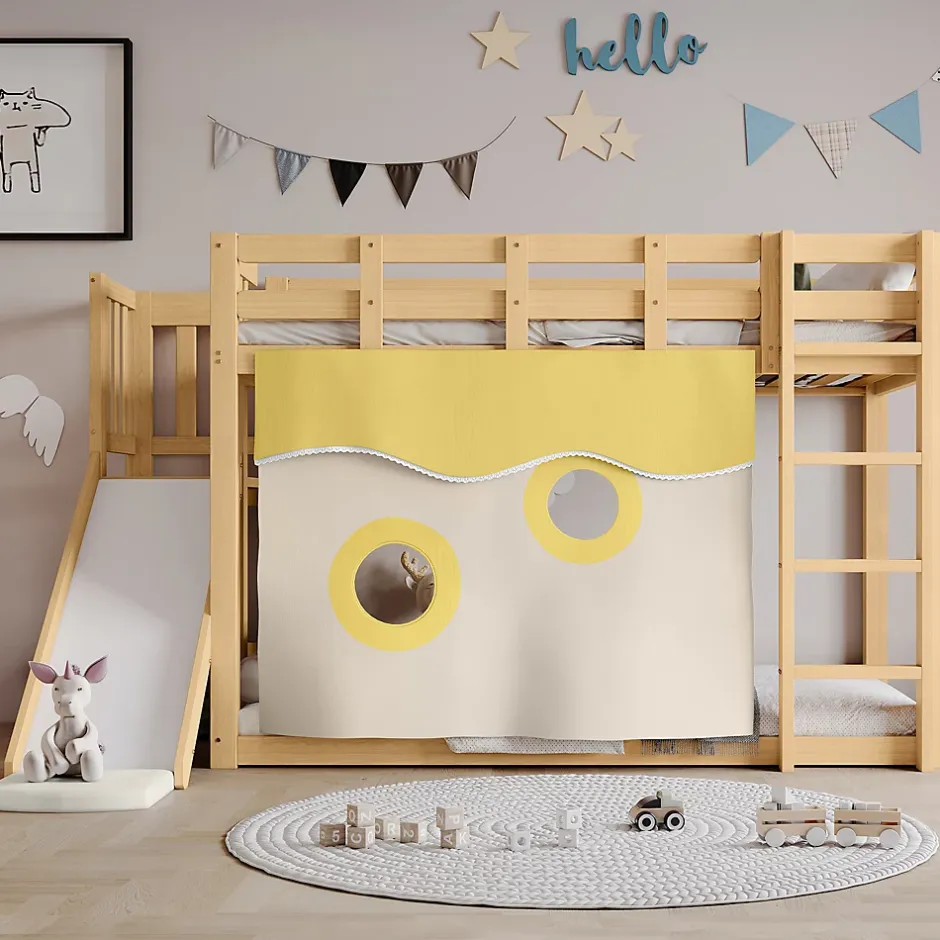 Redom Lit superposé 90x200 cm avec toboggan et escalier intégrés, structure pin et MDF, design naturel pour chambre enfant Hot