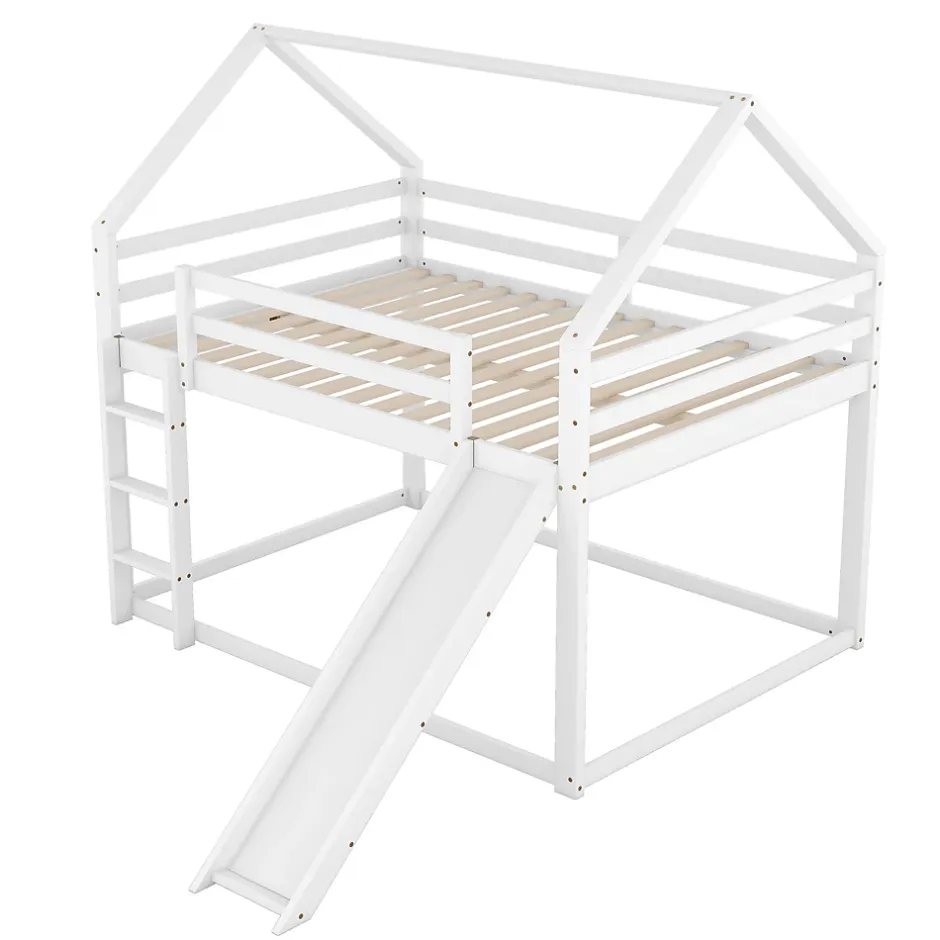 Redom Lit superposé 140x200 cm avec toboggan et échelle, structure en pin massif et MDF, style maison ludique Discount