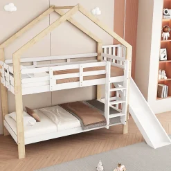 Enfant ProximaX Lit superposé 90x200 cm avec toboggan, lit cabane en bois massif blanc/nature avec barrières de sécurité, lit enfant