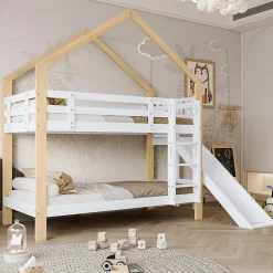 Enfant ProximaX Lit superposé 90x200 cm avec toboggan, lit cabane en bois massif blanc/nature avec barrières de sécurité, lit enfant