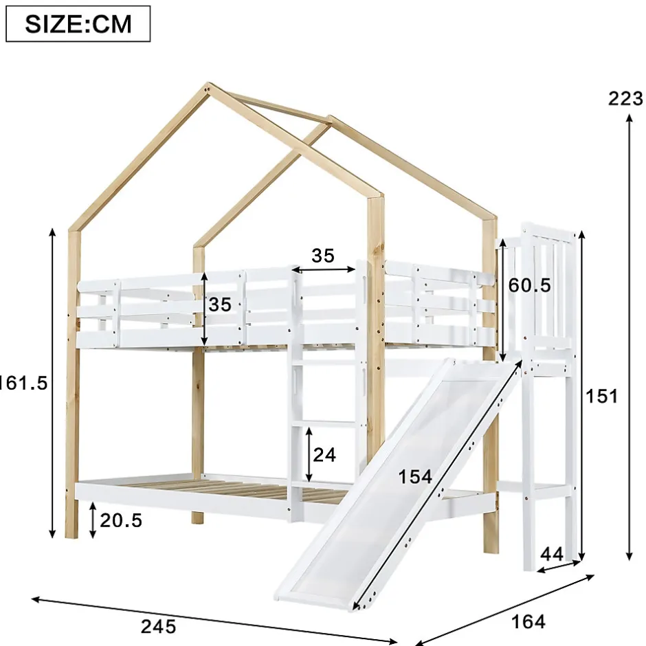 Enfant ProximaX Lit superposé 90x200 cm avec toboggan, lit cabane en bois massif blanc/nature avec barrières de sécurité, lit enfant