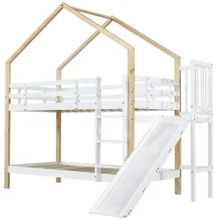 Enfant ProximaX Lit superposé 90x200 cm avec toboggan, lit cabane en bois massif blanc/nature avec barrières de sécurité, lit enfant