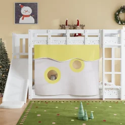 Enfant Redom Lit superposé 90x200 cm avec toboggan intégré et échelle, structure bois (MDF + pin) blanc