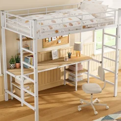 Enfant Fortuna lai Lit superposé 90x200 cm, cadre métal, table, étagères, sécurité, pour enfants et ados