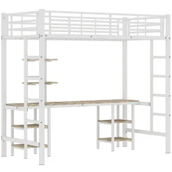 Enfant Fortuna lai Lit superposé 90x200 cm, cadre métal, table, étagères, sécurité, pour enfants et ados