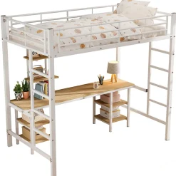 Enfant Fortuna lai Lit superposé 90x200 cm, cadre métal, table, étagères, sécurité, pour enfants et ados