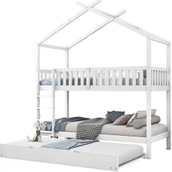 Enfant Redom Lit superposé 90x200 cm convertible en 3 lits avec lit gigogne et barrières, structure bois massif blanc