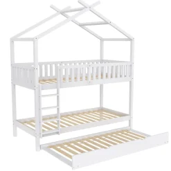 Enfant Redom Lit superposé 90x200 cm convertible en 3 lits avec lit gigogne et barrières, structure bois massif blanc