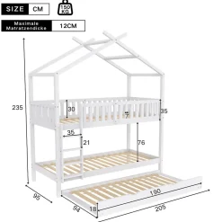 Enfant Redom Lit superposé 90x200 cm convertible en 3 lits avec lit gigogne et barrières, structure bois massif blanc