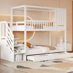 Redom Lit superposé 90x200 cm en bois massif avec tiroirs intégrés, échelle sécurisée et design maison ludique Discount