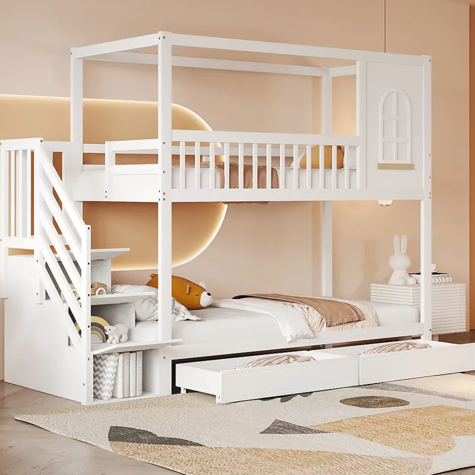 Redom Lit superposé 90x200 cm en bois massif avec tiroirs intégrés, échelle sécurisée et design maison ludique Discount