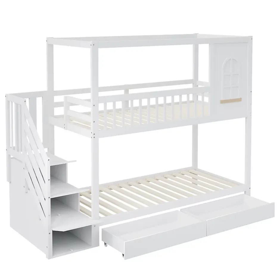 Redom Lit superposé 90x200 cm en bois massif avec tiroirs intégrés, échelle sécurisée et design maison ludique Discount