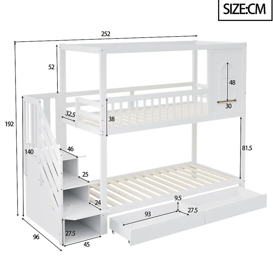 Redom Lit superposé 90x200 cm en bois massif avec tiroirs intégrés, échelle sécurisée et design maison ludique Discount