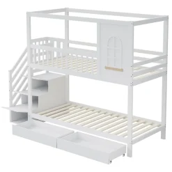 Redom Lit superposé 90x200 cm en bois massif avec tiroirs intégrés, échelle sécurisée et design maison ludique Discount