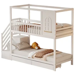 Redom Lit superposé 90x200 cm en bois massif avec tiroirs intégrés, échelle sécurisée et design maison ludique Discount
