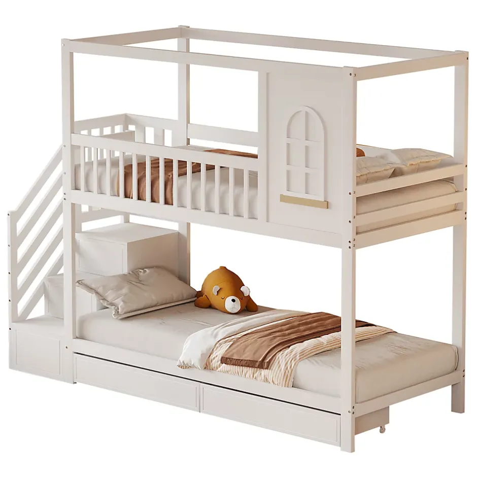 Redom Lit superposé 90x200 cm en bois massif avec tiroirs intégrés, échelle sécurisée et design maison ludique Discount