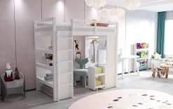 Redom Lit superposé 90x200 cm en bois massif avec étagères multiples et organiseur roulant amovible, blanc Online