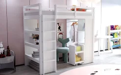 Redom Lit superposé 90x200 cm en bois massif avec étagères multiples et organiseur roulant amovible, blanc Online