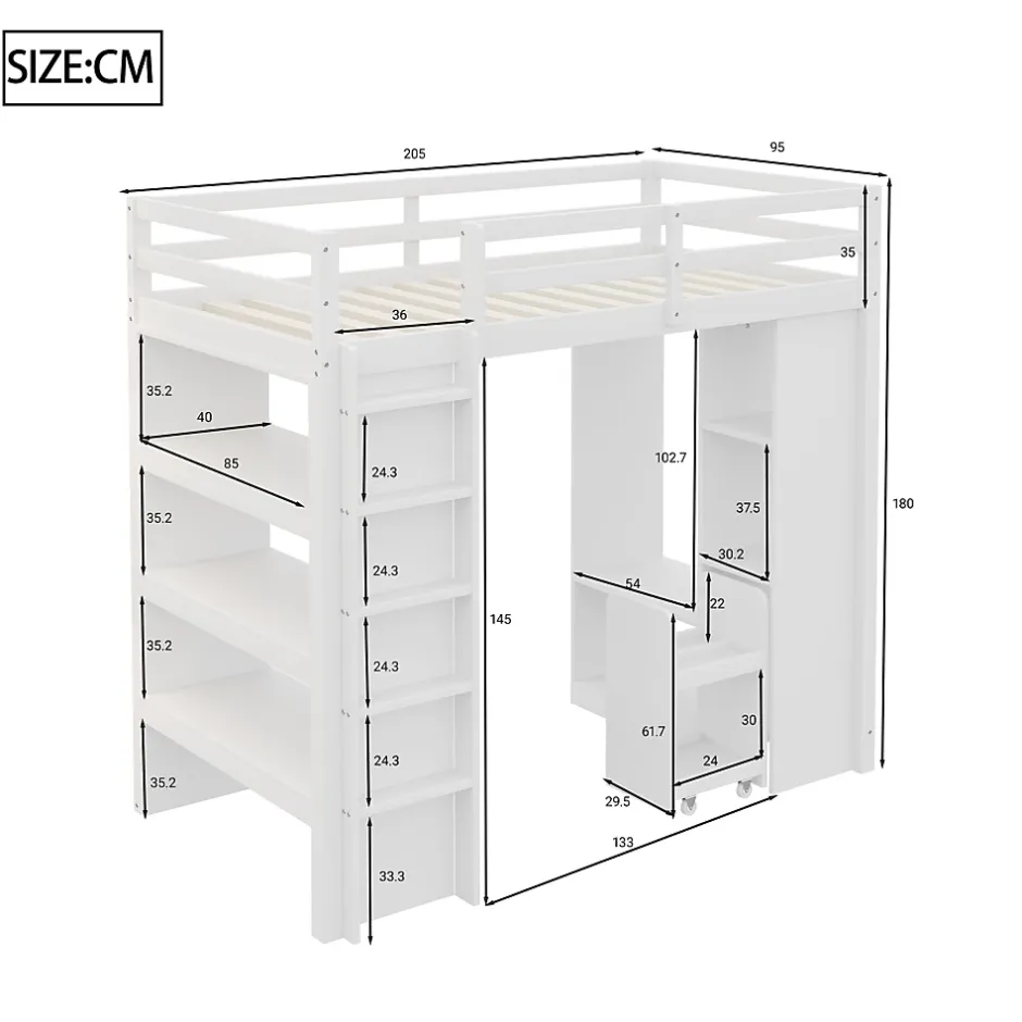 Redom Lit superposé 90x200 cm en bois massif avec étagères multiples et organiseur roulant amovible, blanc Online