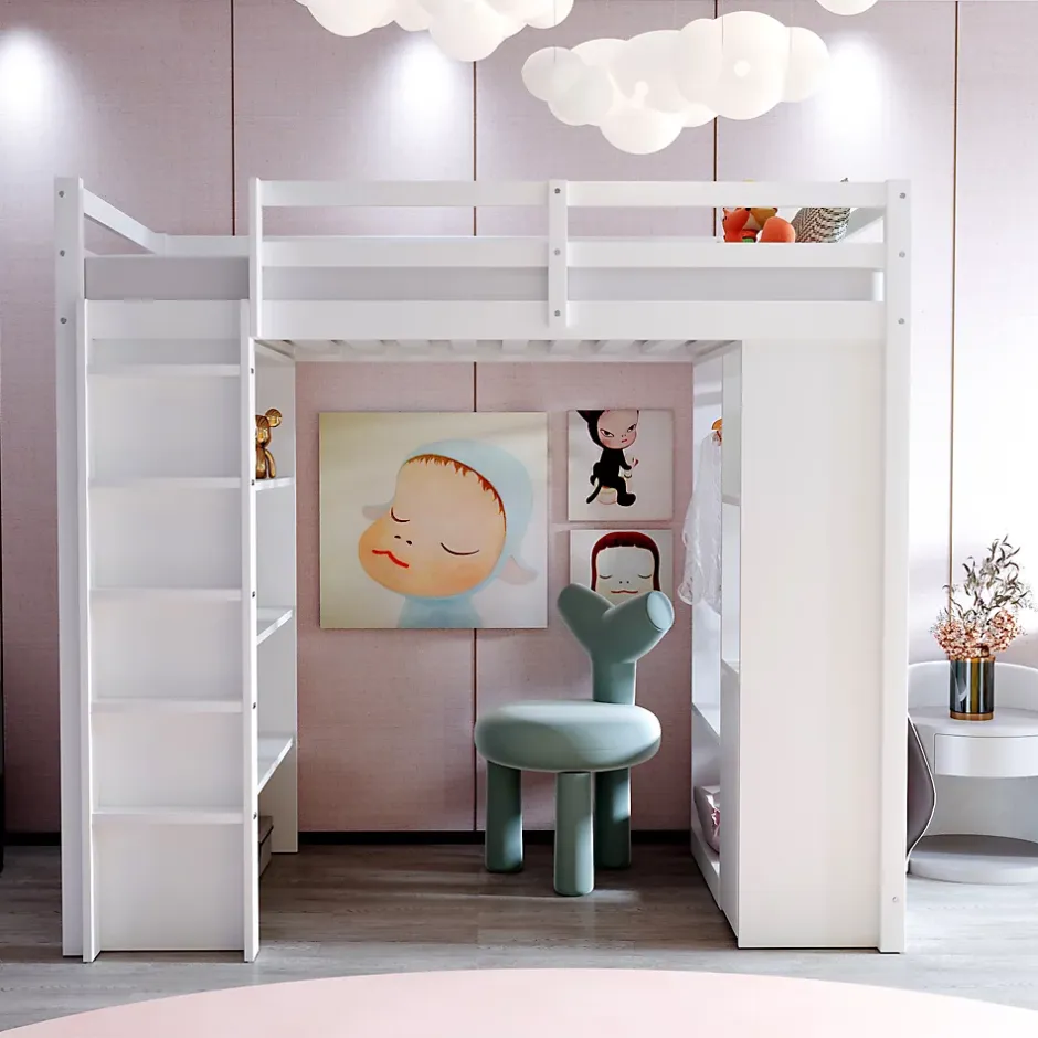 Redom Lit superposé 90x200 cm en bois massif avec étagères multiples et organiseur roulant amovible, blanc Online