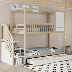 Enfant Redom Lit superposé 90x200 cm en bois massif avec tiroirs de rangement et échelle intégrée sécurisée