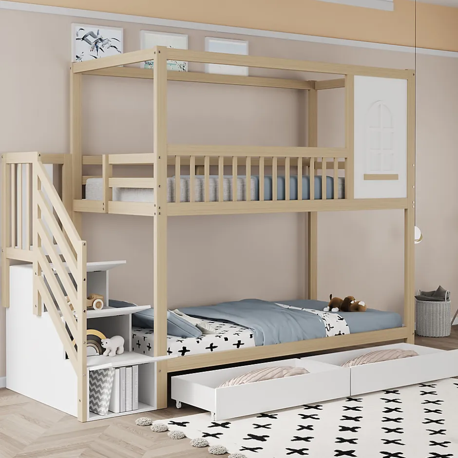 Enfant Redom Lit superposé 90x200 cm en bois massif avec tiroirs de rangement et échelle intégrée sécurisée