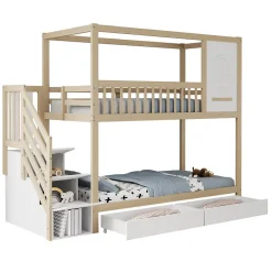 Enfant Redom Lit superposé 90x200 cm en bois massif avec tiroirs de rangement et échelle intégrée sécurisée