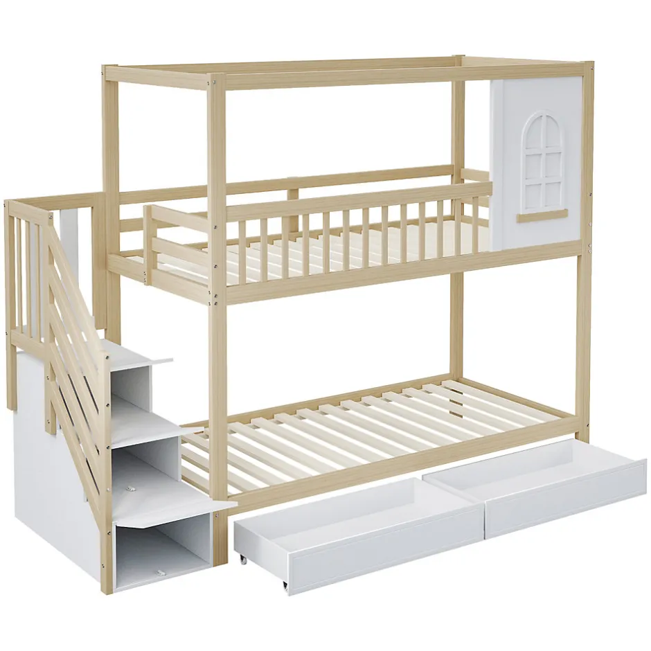 Enfant Redom Lit superposé 90x200 cm en bois massif avec tiroirs de rangement et échelle intégrée sécurisée