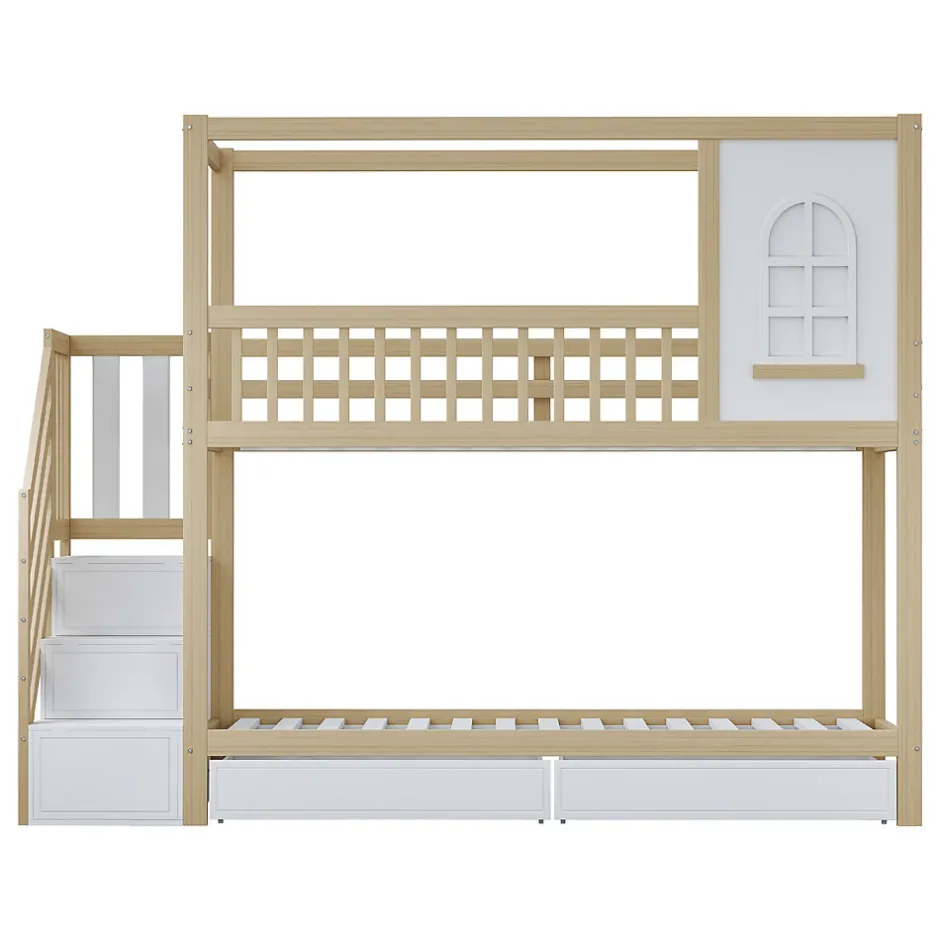 Enfant Redom Lit superposé 90x200 cm en bois massif avec tiroirs de rangement et échelle intégrée sécurisée