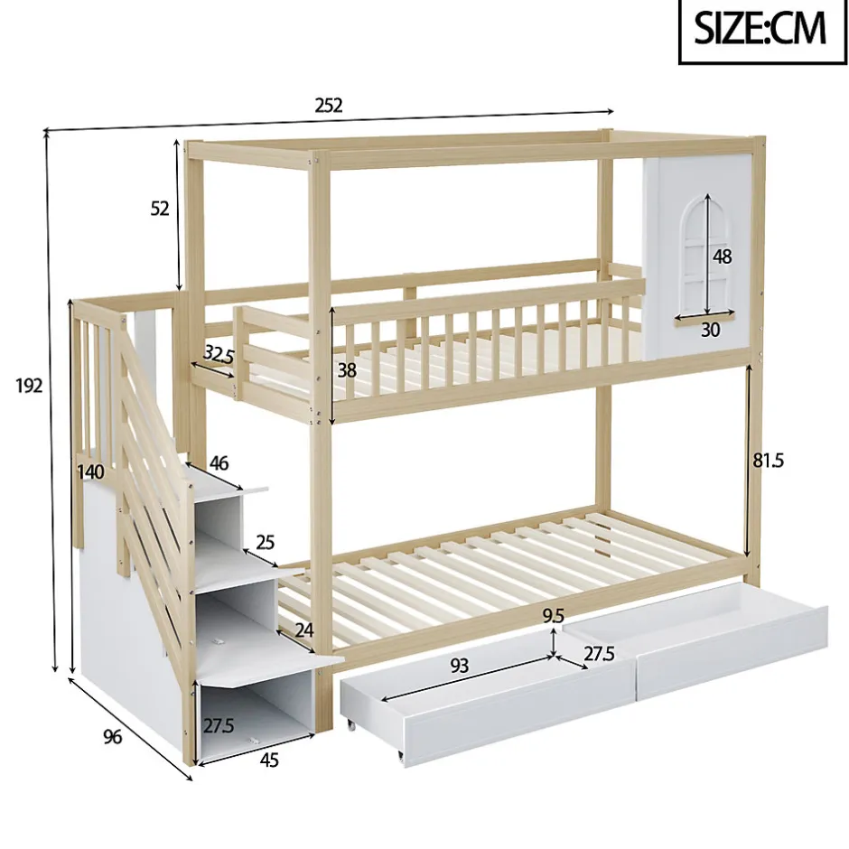 Enfant Redom Lit superposé 90x200 cm en bois massif avec tiroirs de rangement et échelle intégrée sécurisée