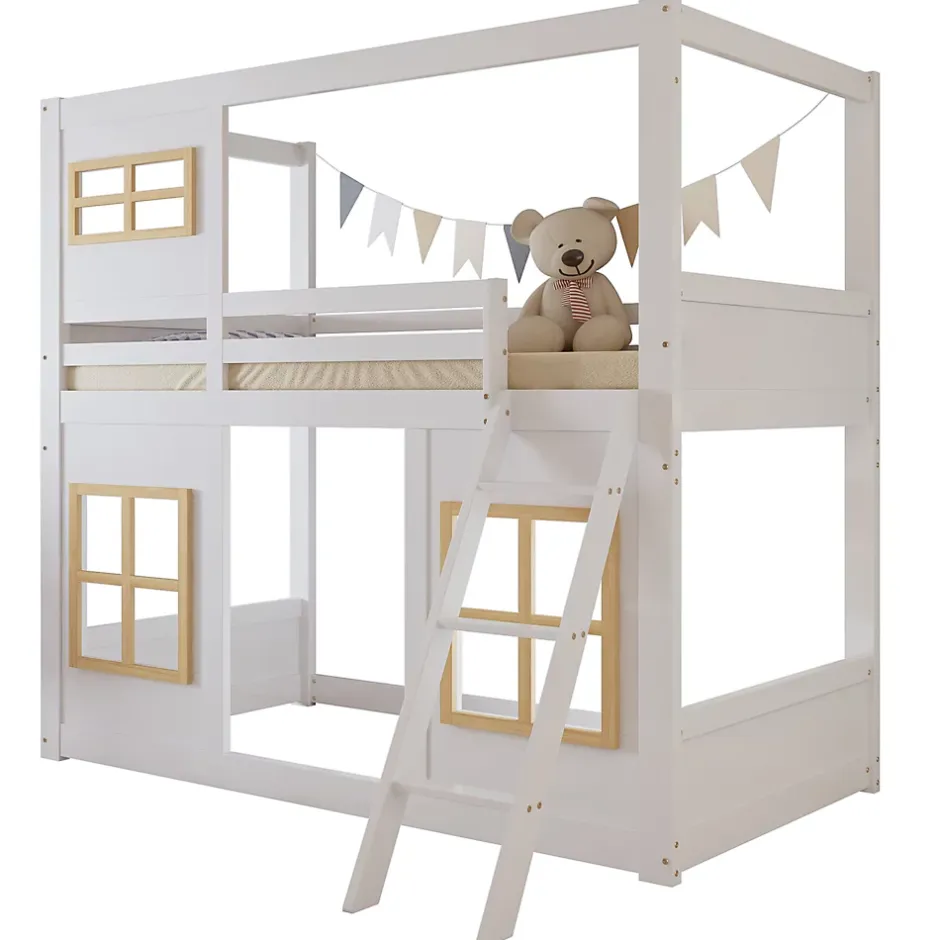 Okwish Lit superposé 90x200 cm enfant avec échelle sécurisée et barrières de protection, bois pin+MDF blanc+naturel Hot