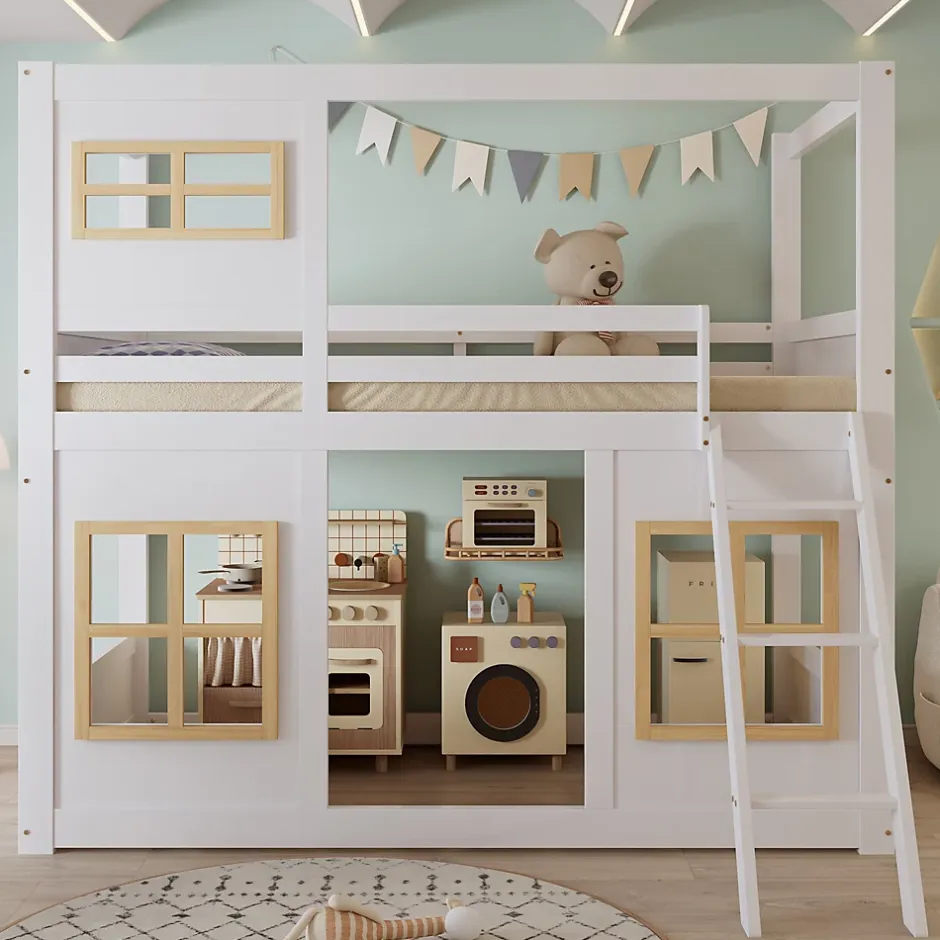 Okwish Lit superposé 90x200 cm enfant avec échelle sécurisée et barrières de protection, bois pin+MDF blanc+naturel Hot