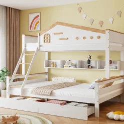 Enfant Fortuna lai Lit superposé 90x200 cm, fenêtres, 4 étagères, sécurité, échelle 4 marches, cadre bois