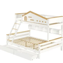 Enfant Fortuna lai Lit superposé 90x200 cm, fenêtres, 4 étagères, sécurité, échelle 4 marches, cadre bois