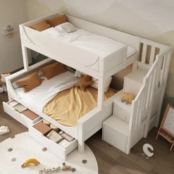 Enfant Okwish Lit Superposé 140x200 cm, Lit Enfant avec Échelle et Rangement Tiroirs, Bois Massif et MDF, Blanc