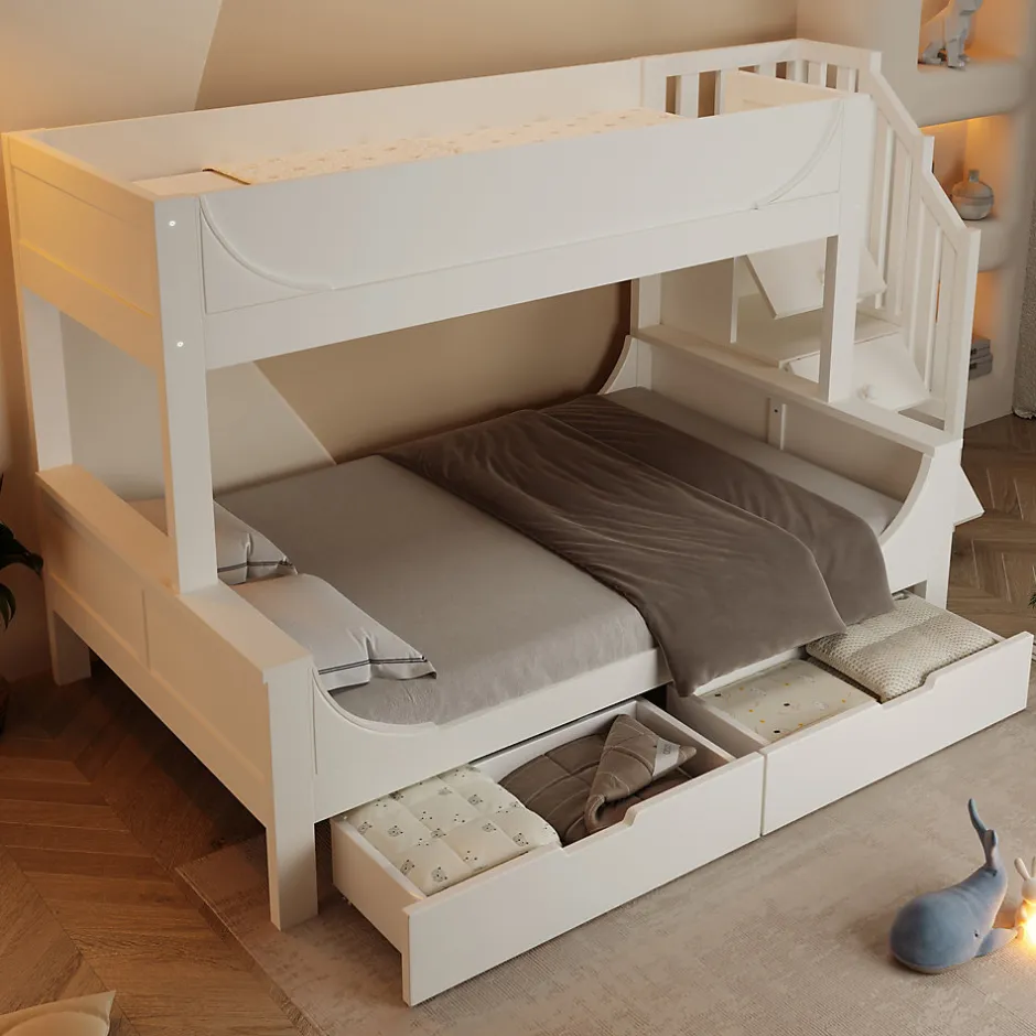 Enfant Okwish Lit Superposé 140x200 cm, Lit Enfant avec Échelle et Rangement Tiroirs, Bois Massif et MDF, Blanc