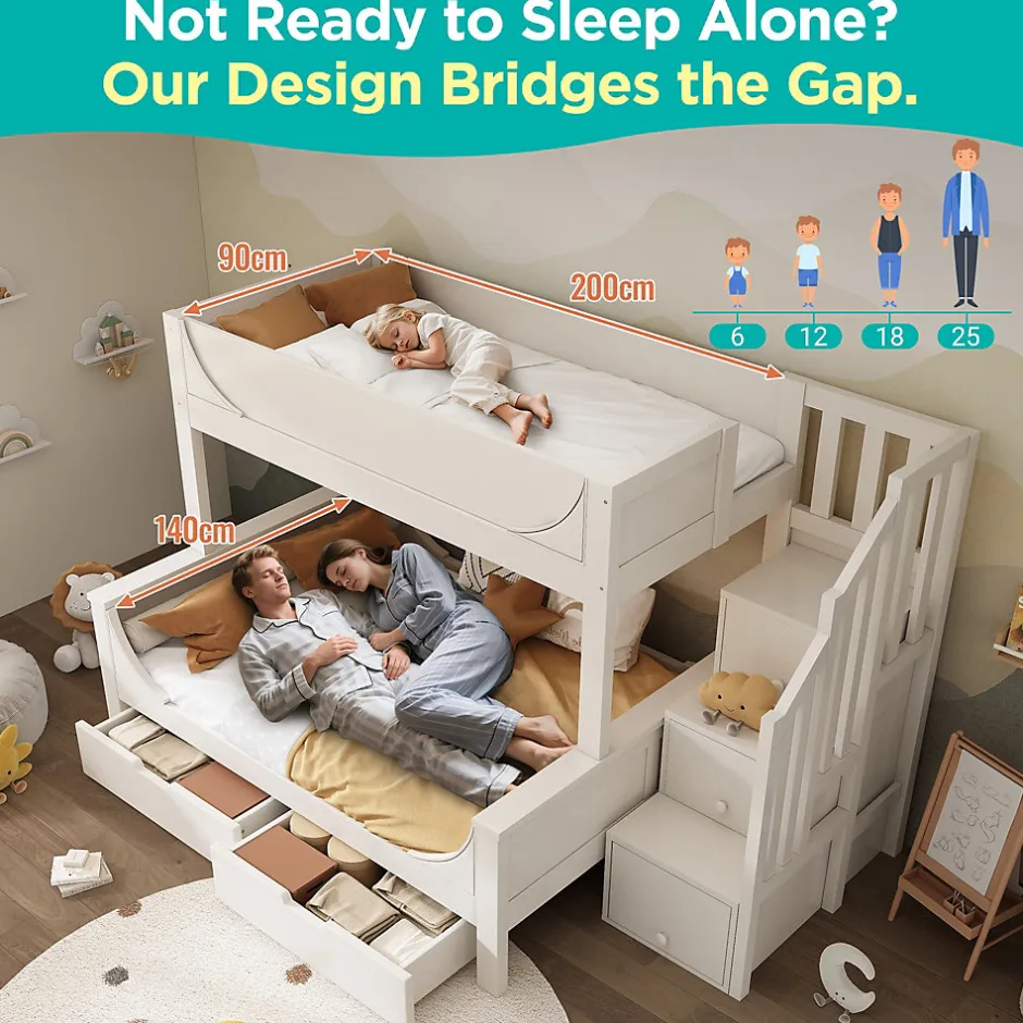 Enfant Okwish Lit Superposé 140x200 cm, Lit Enfant avec Échelle et Rangement Tiroirs, Bois Massif et MDF, Blanc