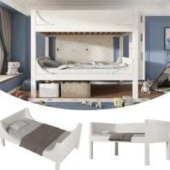 Enfant Okwish Lit Superposé 90x200 cm, Lit Enfant Démontable en 2 Lits Simples avec Échelle, Bois Massif + MDF, Blanc