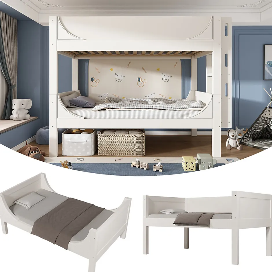 Enfant Okwish Lit Superposé 90x200 cm, Lit Enfant Démontable en 2 Lits Simples avec Échelle, Bois Massif + MDF, Blanc