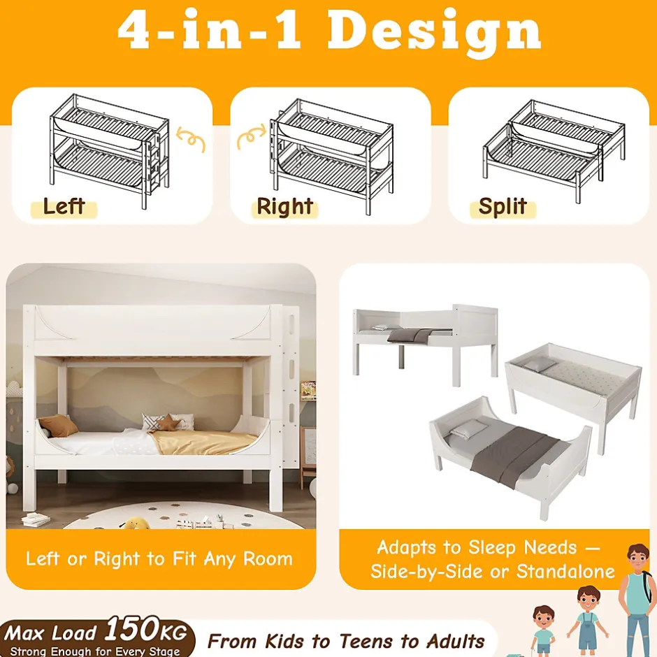 Enfant Okwish Lit Superposé 90x200 cm, Lit Enfant Démontable en 2 Lits Simples avec Échelle, Bois Massif + MDF, Blanc