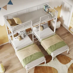 Enfant Redom Lit superposé 90x200 cm pour 3 personnes avec échelle intégrée et tablette tête de lit, structure métal blanc