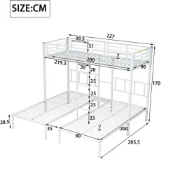 Enfant Redom Lit superposé 90x200 cm pour 3 personnes avec échelle intégrée et tablette tête de lit, structure métal blanc
